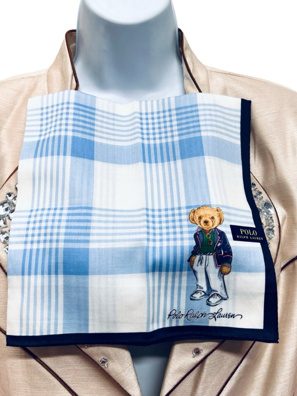 Polo Ralph Lauren Handkerchief/ Bandana 19" white blue check with Bear (82) - Picture 5 of 13